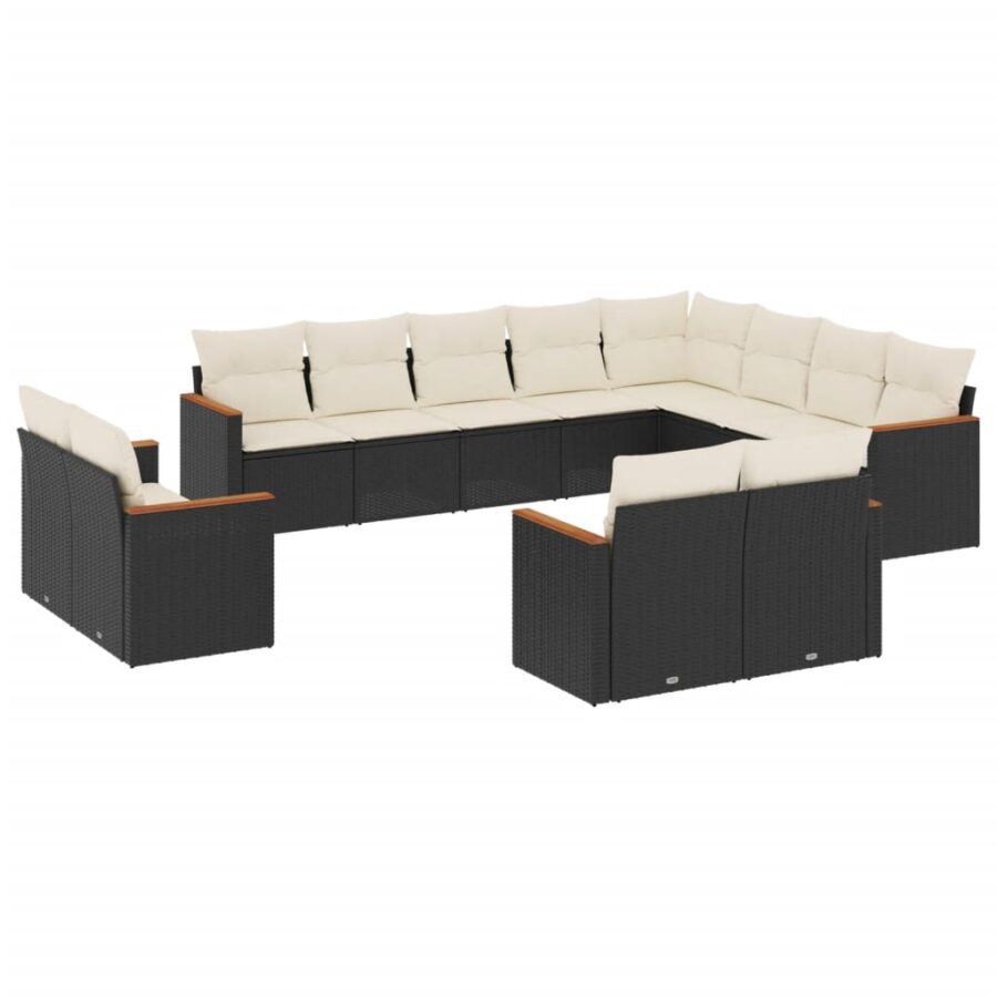 12-delige Loungeset met kussens poly rattan zwart - Afbeelding 2