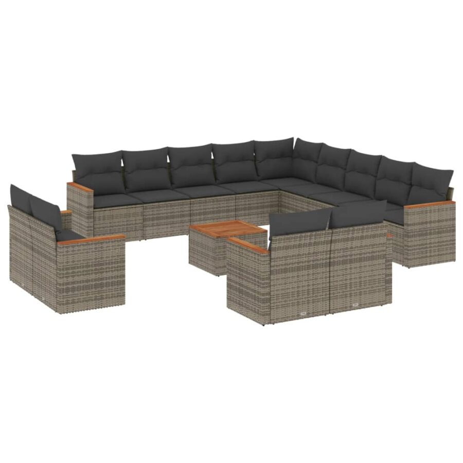 14-delige Loungeset met kussens poly rattan grijs - Afbeelding 2