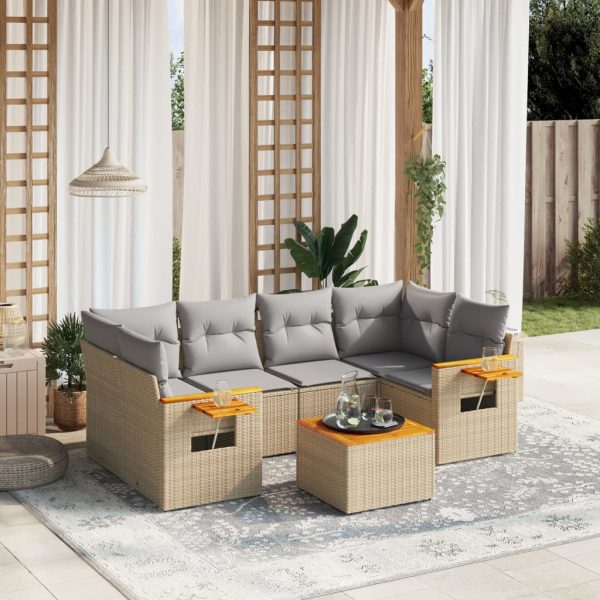 7-delige Loungeset met kussens poly rattan beige