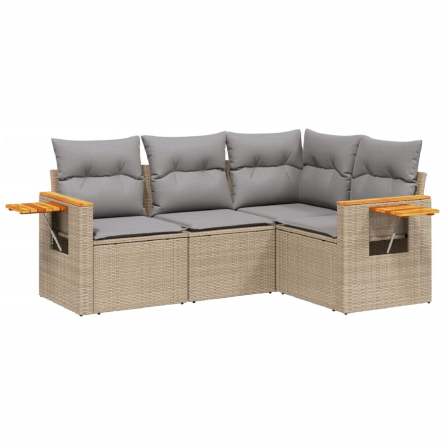 4-delige Loungeset met kussens poly rattan beige - Afbeelding 2