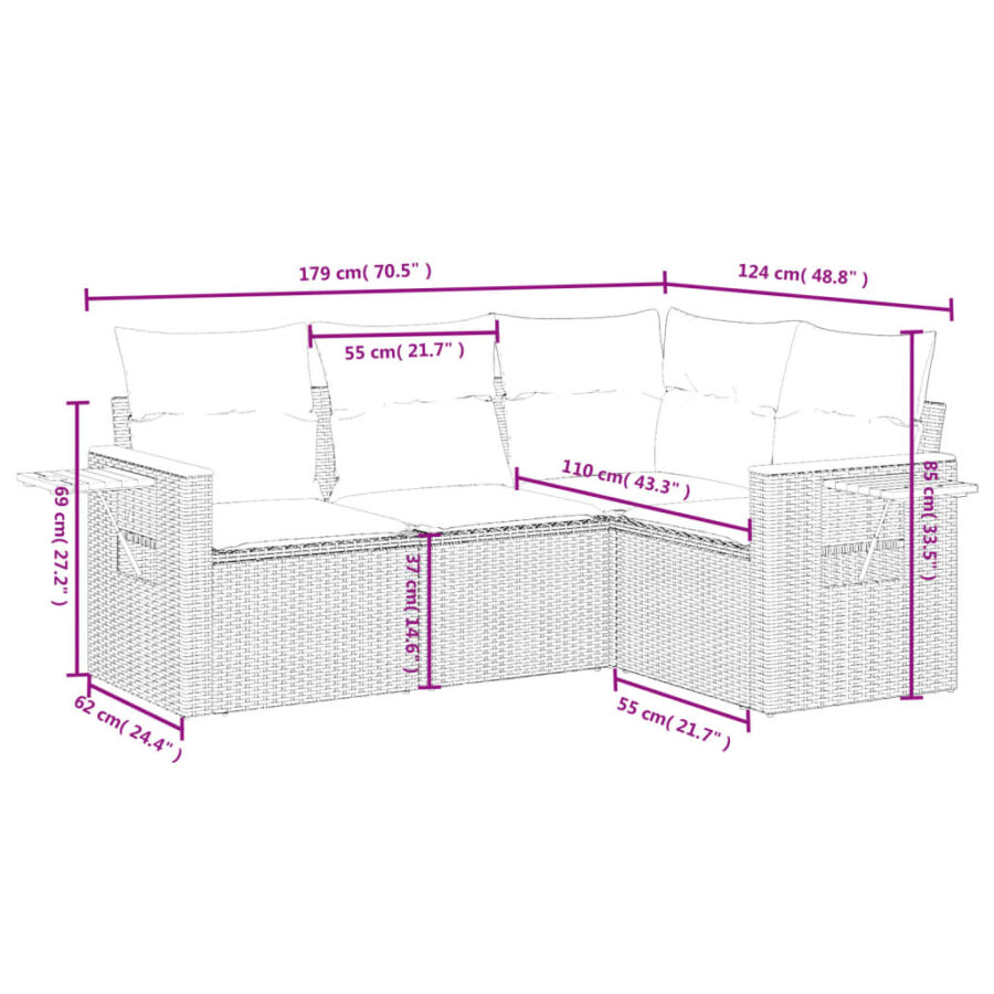 4-delige Loungeset met kussens poly rattan beige - Afbeelding 3
