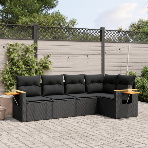 5-delige Loungeset met kussens poly rattan zwart