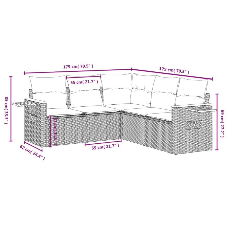 5-delige Loungeset met kussens poly rattan grijs - Afbeelding 3