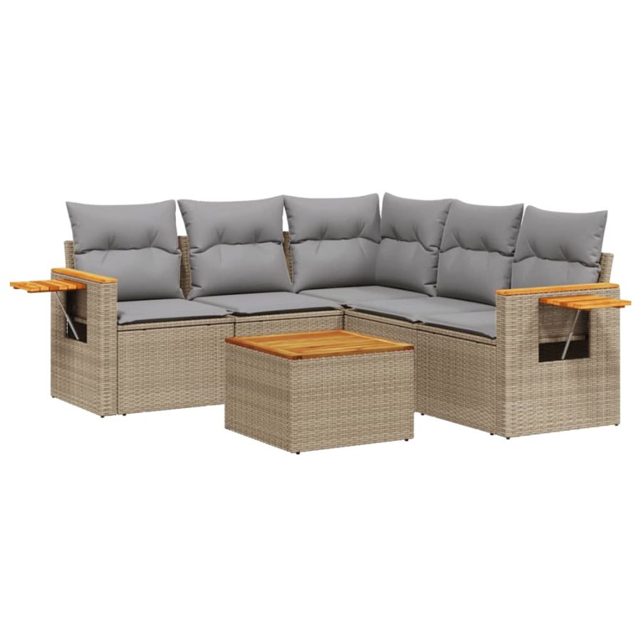 6-delige Loungeset met kussens poly rattan beige - Afbeelding 2