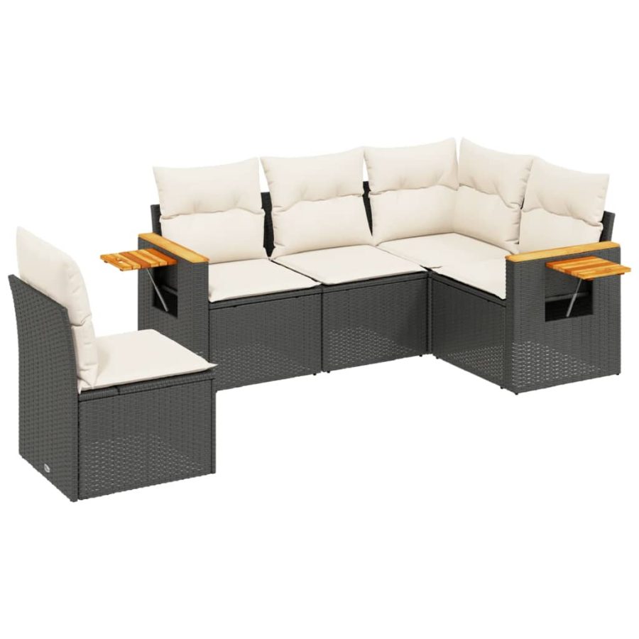 5-delige Loungeset met kussens poly rattan zwart - Afbeelding 2