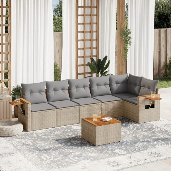 7-delige Loungeset met kussens poly rattan beige