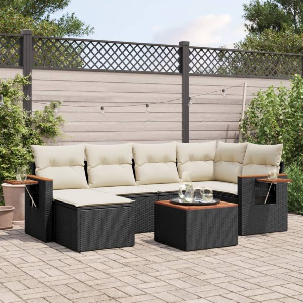 7-delige Loungeset met kussens poly rattan zwart
