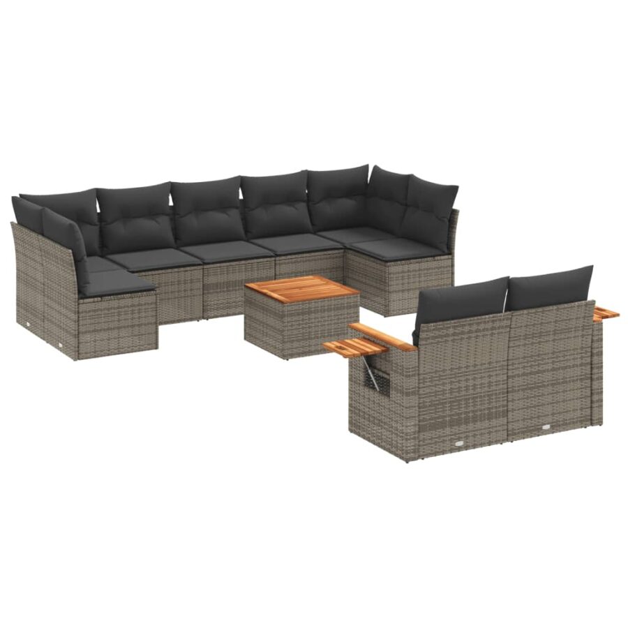 10-delige Loungeset met kussens poly rattan grijs - Afbeelding 2