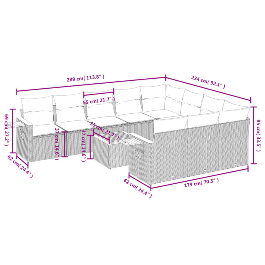 11-delige Loungeset met kussens poly rattan zwart - Afbeelding 3