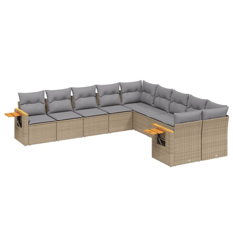 10-delige Loungeset met kussens poly rattan beige - Afbeelding 2
