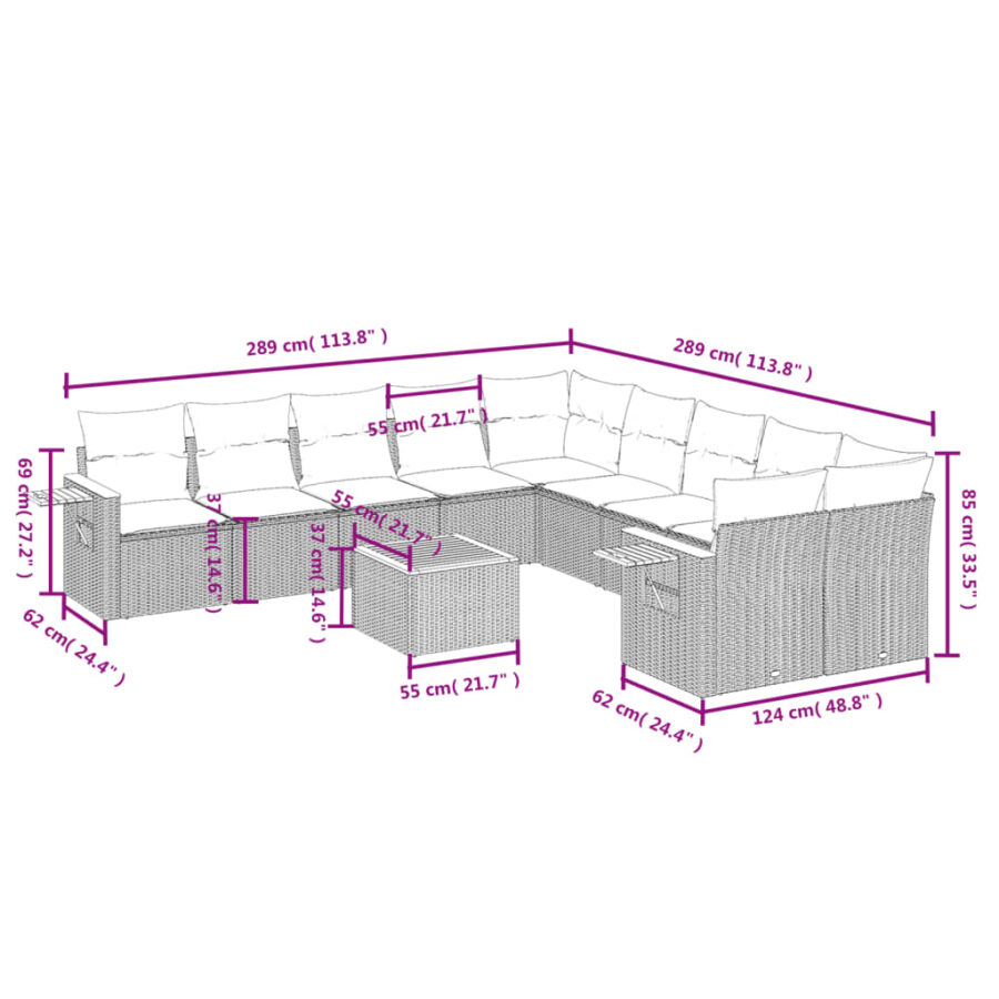 11-delige Loungeset met kussens poly rattan zwart - Afbeelding 3