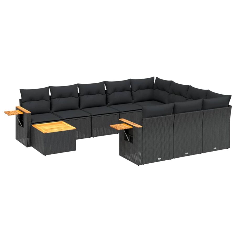 11-delige Loungeset met kussens poly rattan zwart - Afbeelding 2