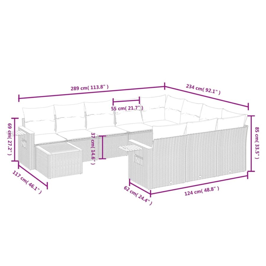 11-delige Loungeset met kussens poly rattan zwart - Afbeelding 3