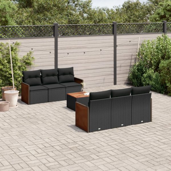 7-delige Loungeset met kussens poly rattan zwart