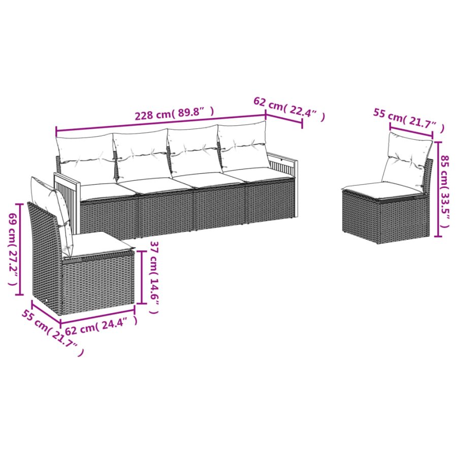 6-delige Loungeset met kussens poly rattan beige - Afbeelding 3