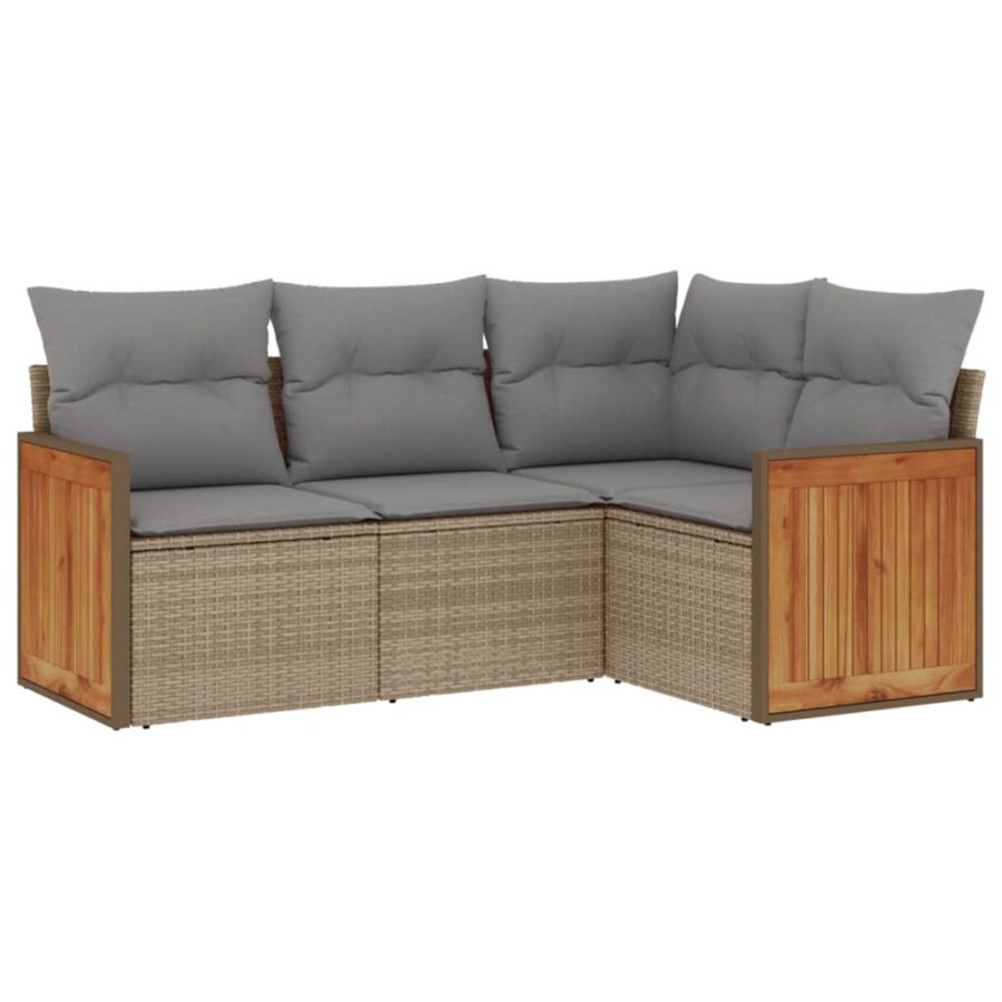 4-delige Loungeset met kussens poly rattan beige - Afbeelding 2