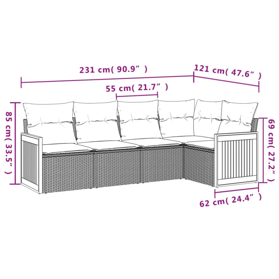5-delige Loungeset met kussens poly rattan beige - Afbeelding 3