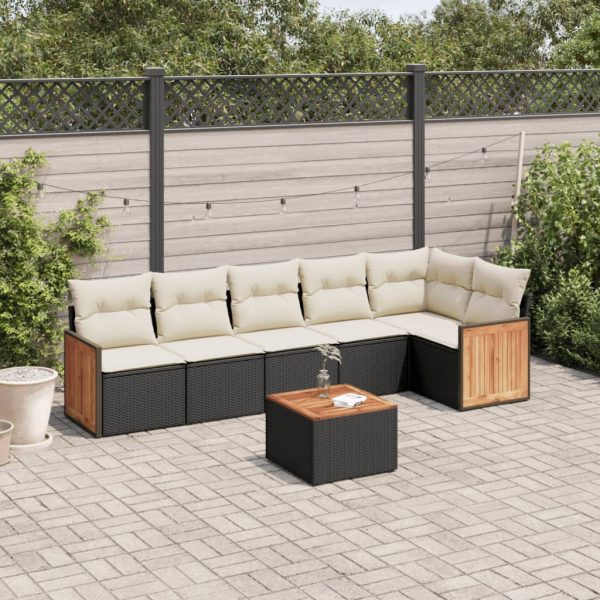 7-delige Loungeset met kussens poly rattan zwart