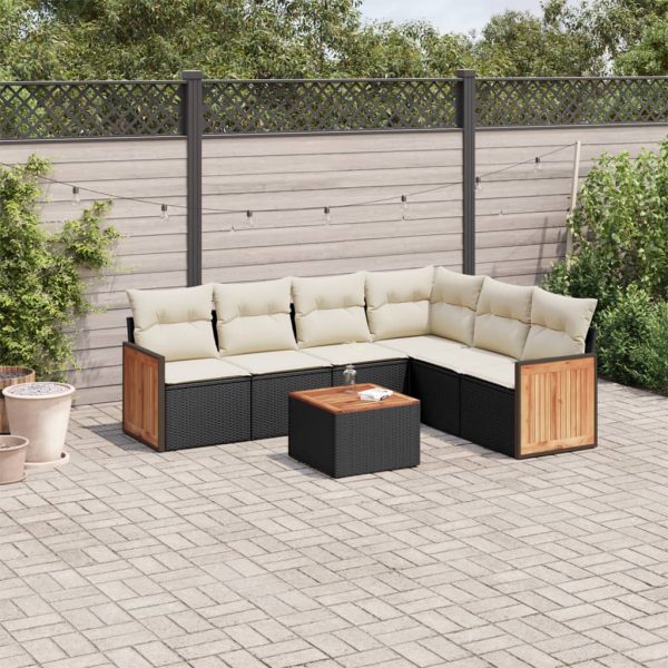 7-delige Loungeset met kussens poly rattan zwart