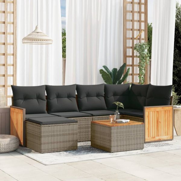 7-delige Loungeset met kussens poly rattan grijs