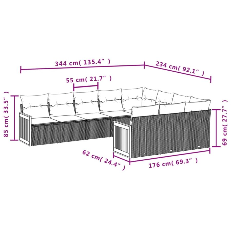 10-delige Loungeset met kussens poly rattan zwart - Afbeelding 3
