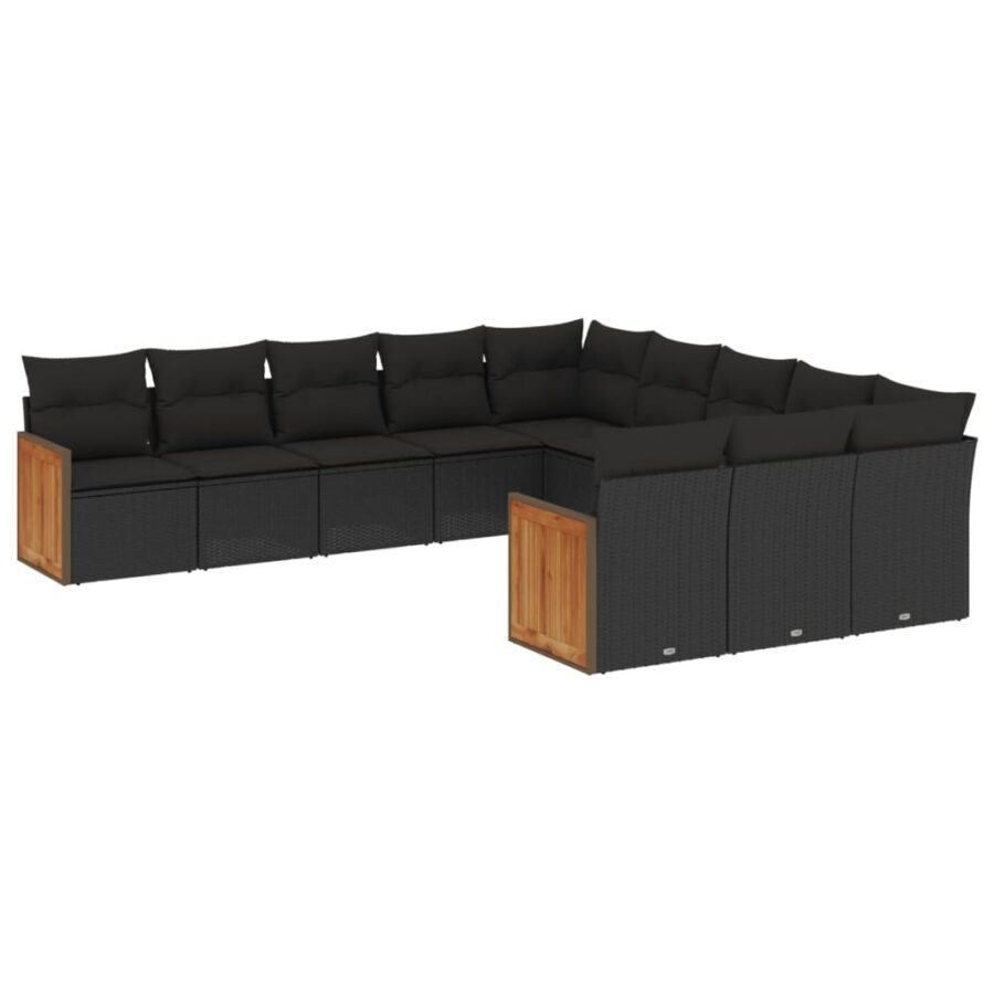 11-delige Loungeset met kussens poly rattan zwart - Afbeelding 2