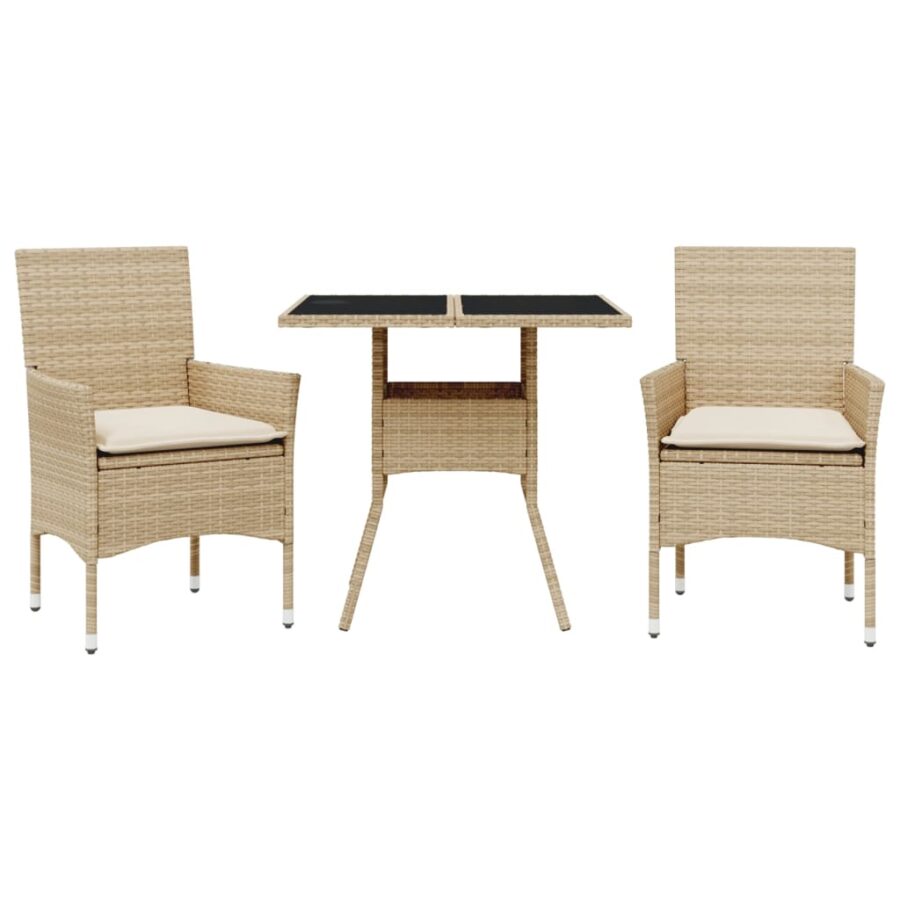 3-delige Tuinset met kussens poly rattan en glas beige - Afbeelding 2