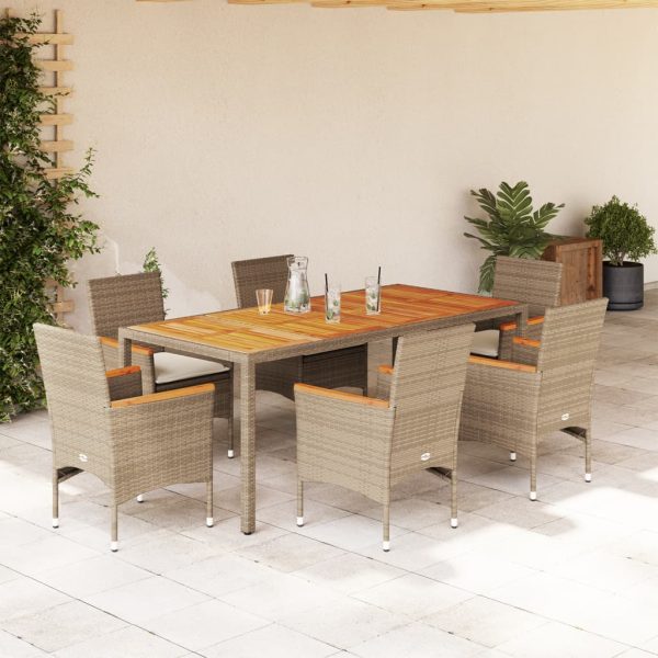 7-delige Tuinset met kussens poly rattan en acaciahout beige