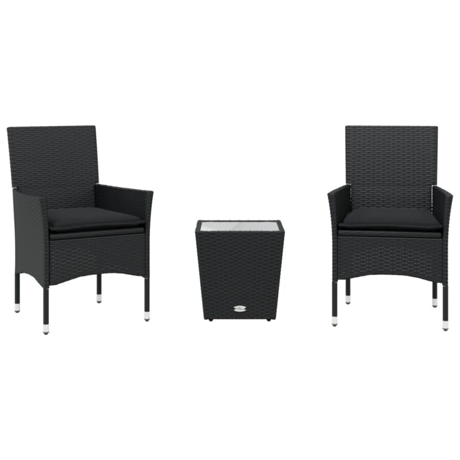3-delige Bistroset met kussens poly rattan en glas zwart - Afbeelding 2