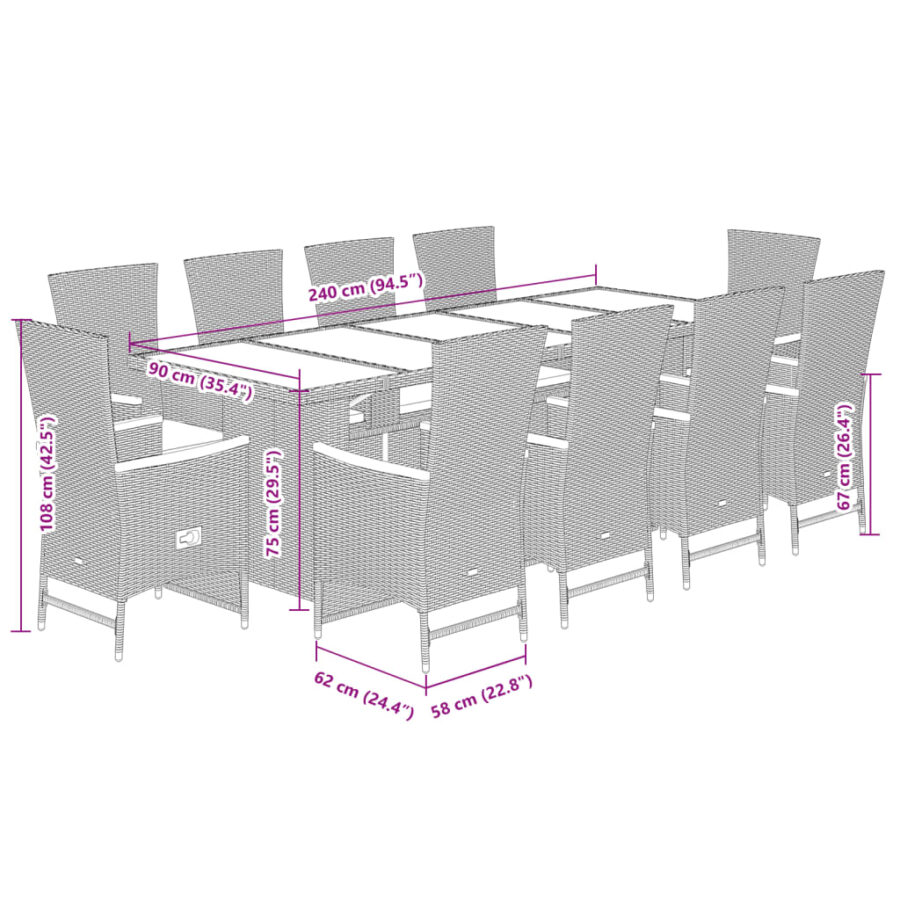11-delige Tuinset met kussens poly rattan grijs - Afbeelding 7