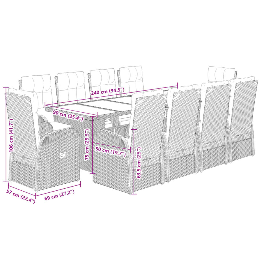 11-delige Tuinset met kussens poly rattan zwart - Afbeelding 7