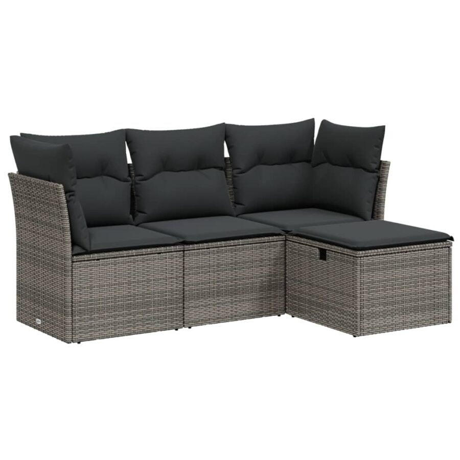 4-delige Loungeset met kussens poly rattan grijs - Afbeelding 2
