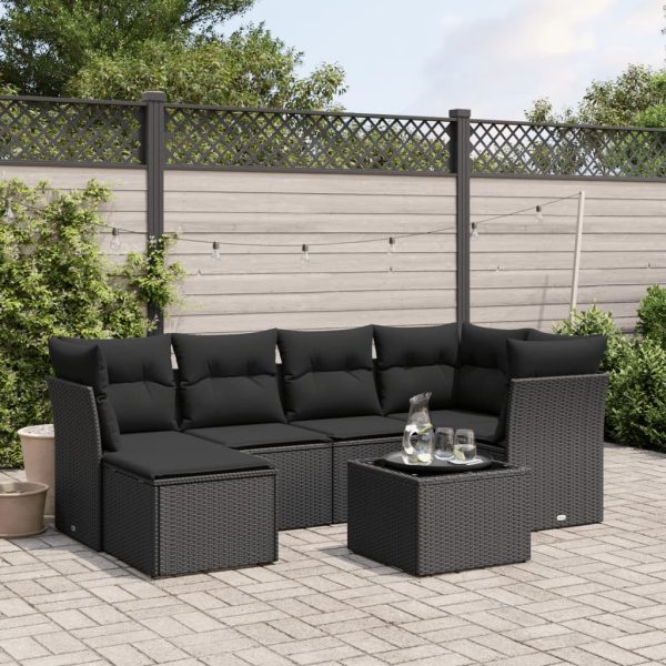 7-delige Loungeset met kussens poly rattan zwart