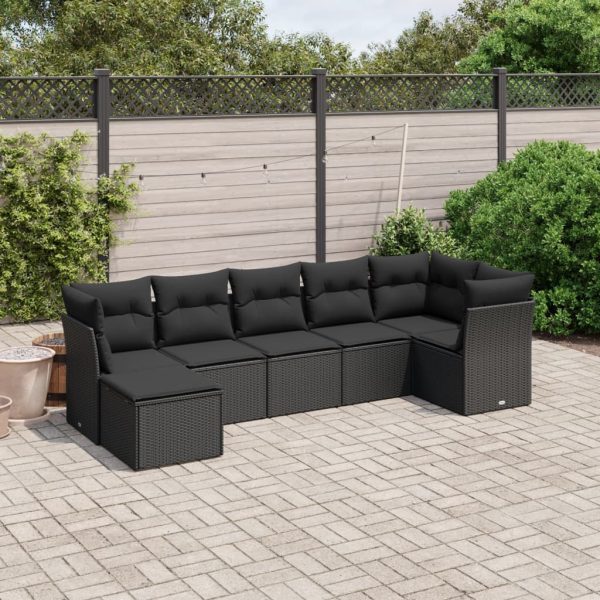 7-delige Loungeset met kussens poly rattan zwart