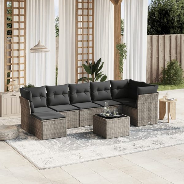 8-delige Loungeset met kussens poly rattan grijs