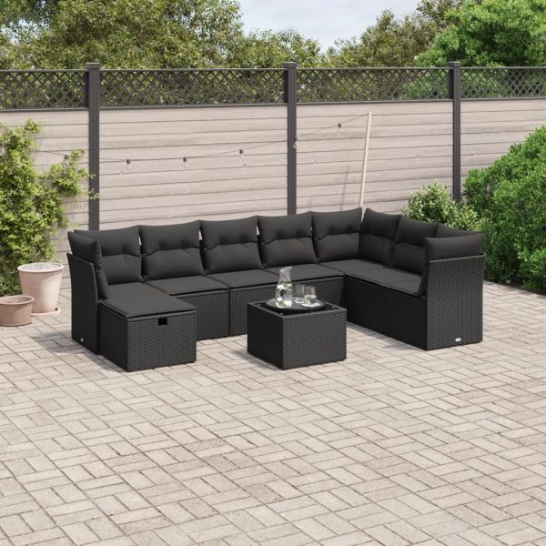 9-delige Loungeset met kussens poly rattan zwart