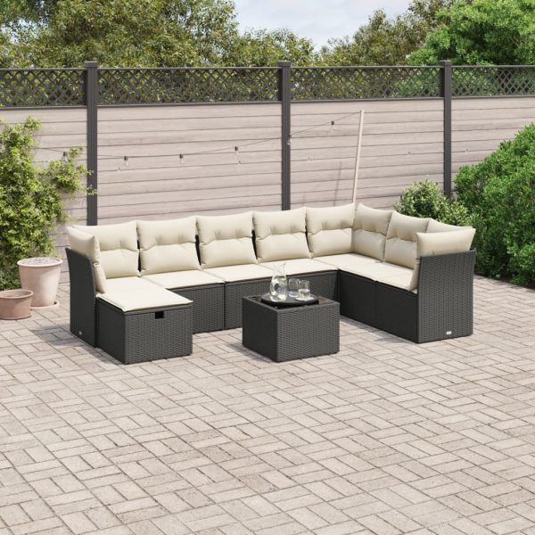 9-delige Loungeset met kussens poly rattan zwart