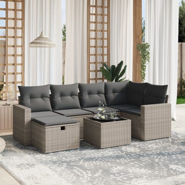 7-delige Loungeset met kussens poly rattan grijs