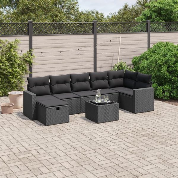 8-delige Loungeset met kussens poly rattan zwart