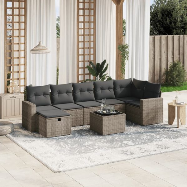 8-delige Loungeset met kussens poly rattan grijs