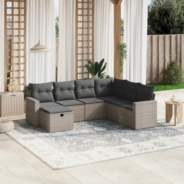 7-delige Loungeset met kussens poly rattan grijs