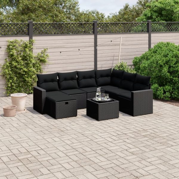 8-delige Loungeset met kussens poly rattan zwart