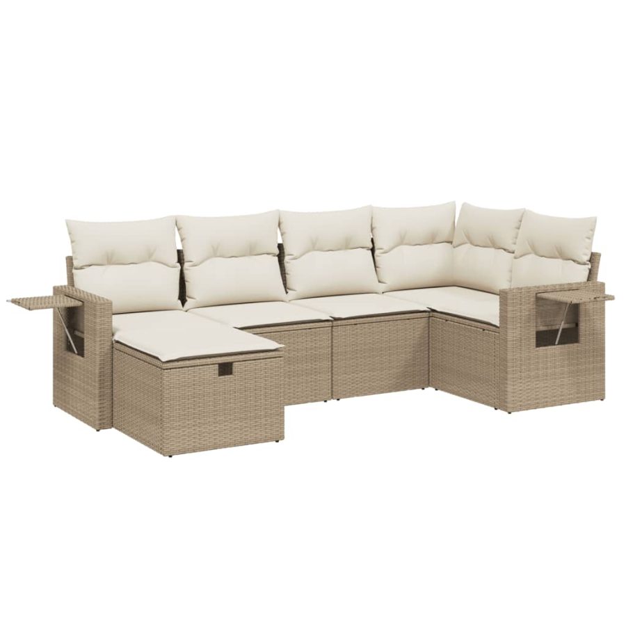 6-delige Loungeset met kussens poly rattan beige - Afbeelding 2