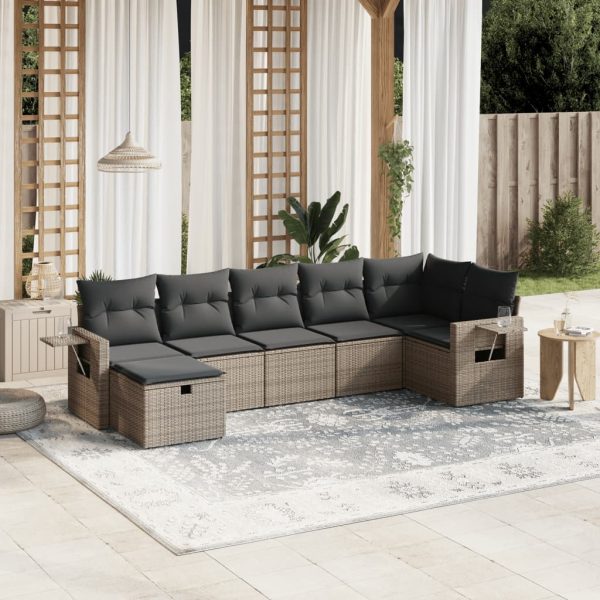 7-delige Loungeset met kussens poly rattan grijs