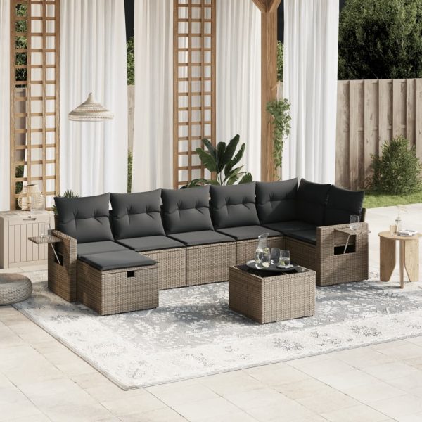 8-delige Loungeset met kussens poly rattan grijs