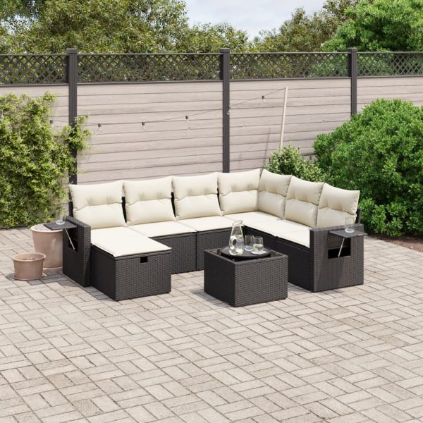 8-delige Loungeset met kussens poly rattan zwart