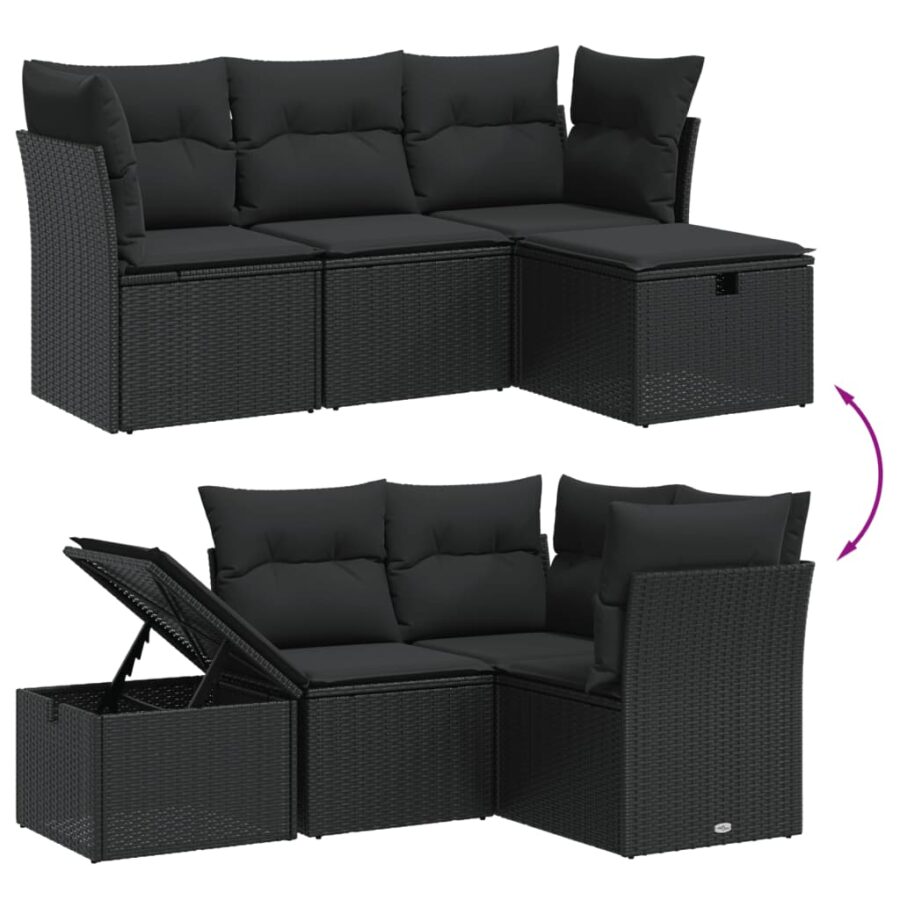 4-delige Loungeset met kussens poly rattan zwart - Afbeelding 3