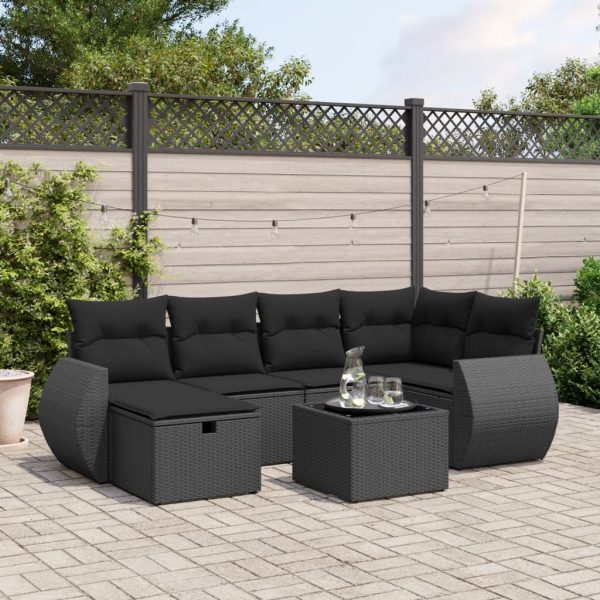 7-delige Loungeset met kussens poly rattan zwart