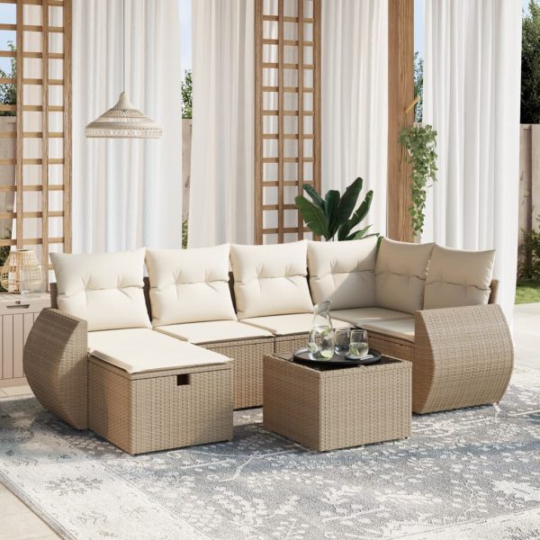 7-delige Loungeset met kussens poly rattan beige