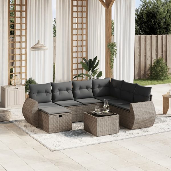 8-delige Loungeset met kussens poly rattan grijs